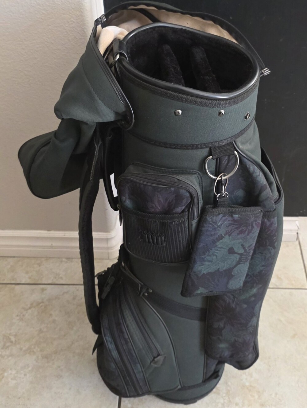 Vintage Knight Golf Bag Green/Floral 6-Way Divider Rain Hood Cover Tee bag Holde